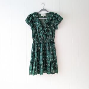 TROVATA Birds of Paradis Marcella Green Floral Cotton Tiered Mini Dress, size S